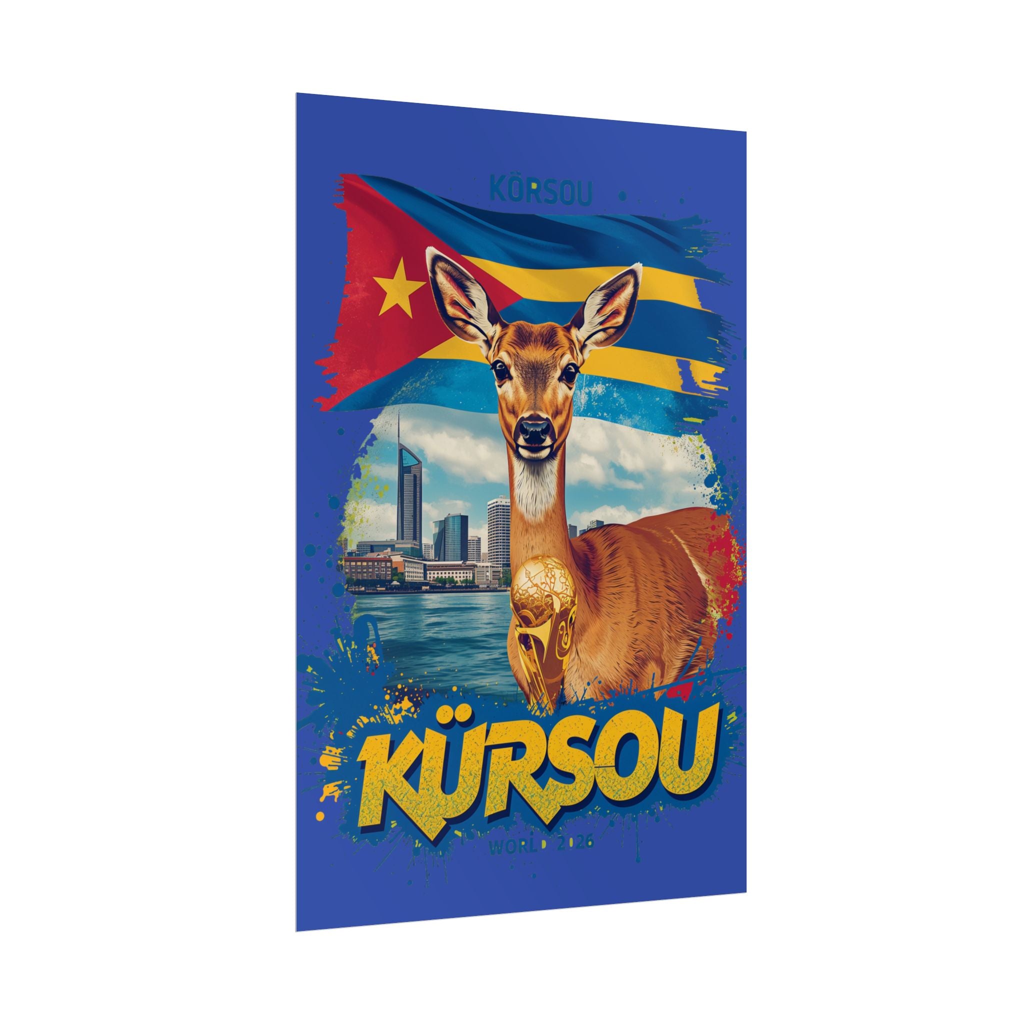 Kürsou Travel Poster – Curaçao Deer & Flag Rolled Art Print