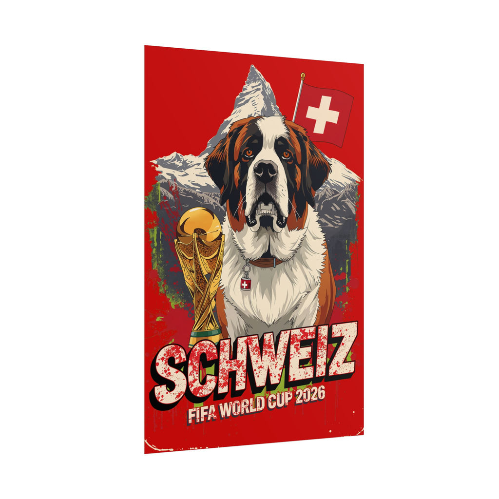 Switzerland FIFA World Cup 2026 Poster — St. Bernard Dog & Trophy Rolled Poster