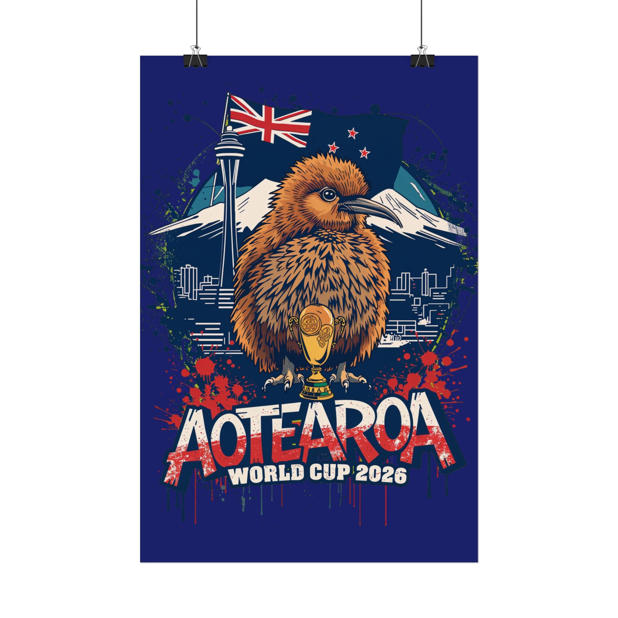 Aotearoa World Cup 2026 Poster - Kiwi & Trophy Rolled Art Print