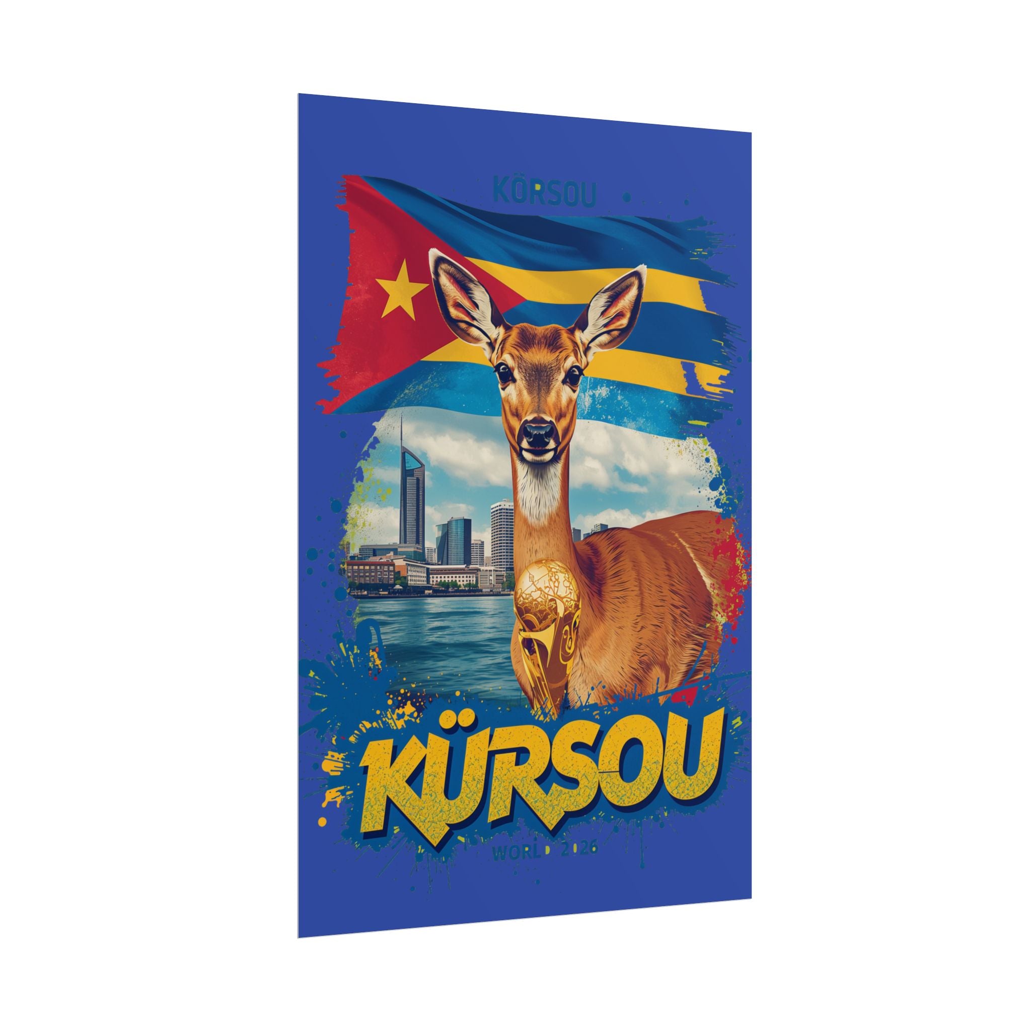 Kürsou Travel Poster – Curaçao Deer & Flag Rolled Art Print