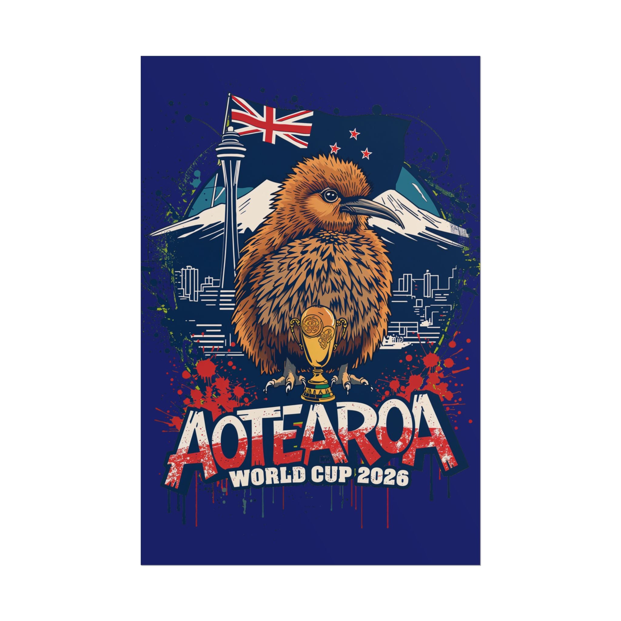 Aotearoa World Cup 2026 Poster - Kiwi & Trophy Rolled Art Print