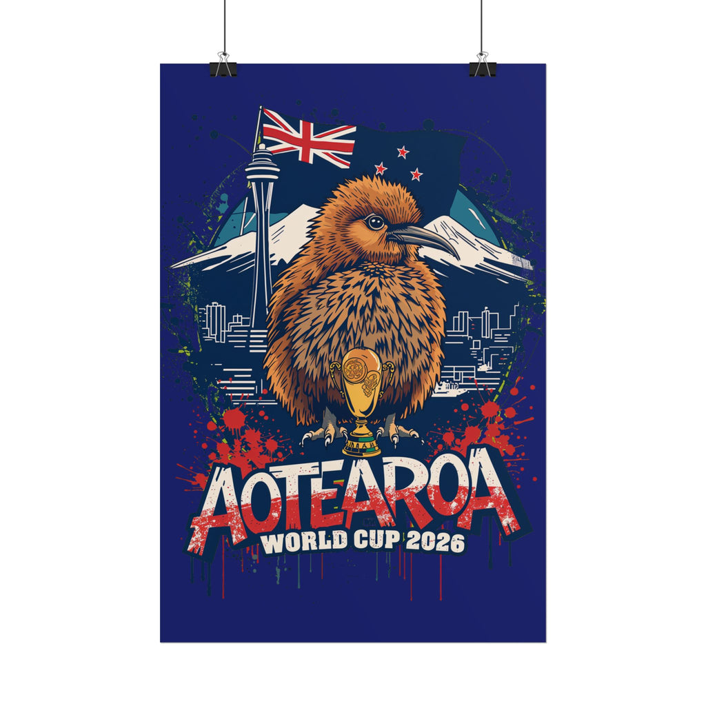 Aotearoa World Cup 2026 Poster - Kiwi & Trophy Rolled Art Print