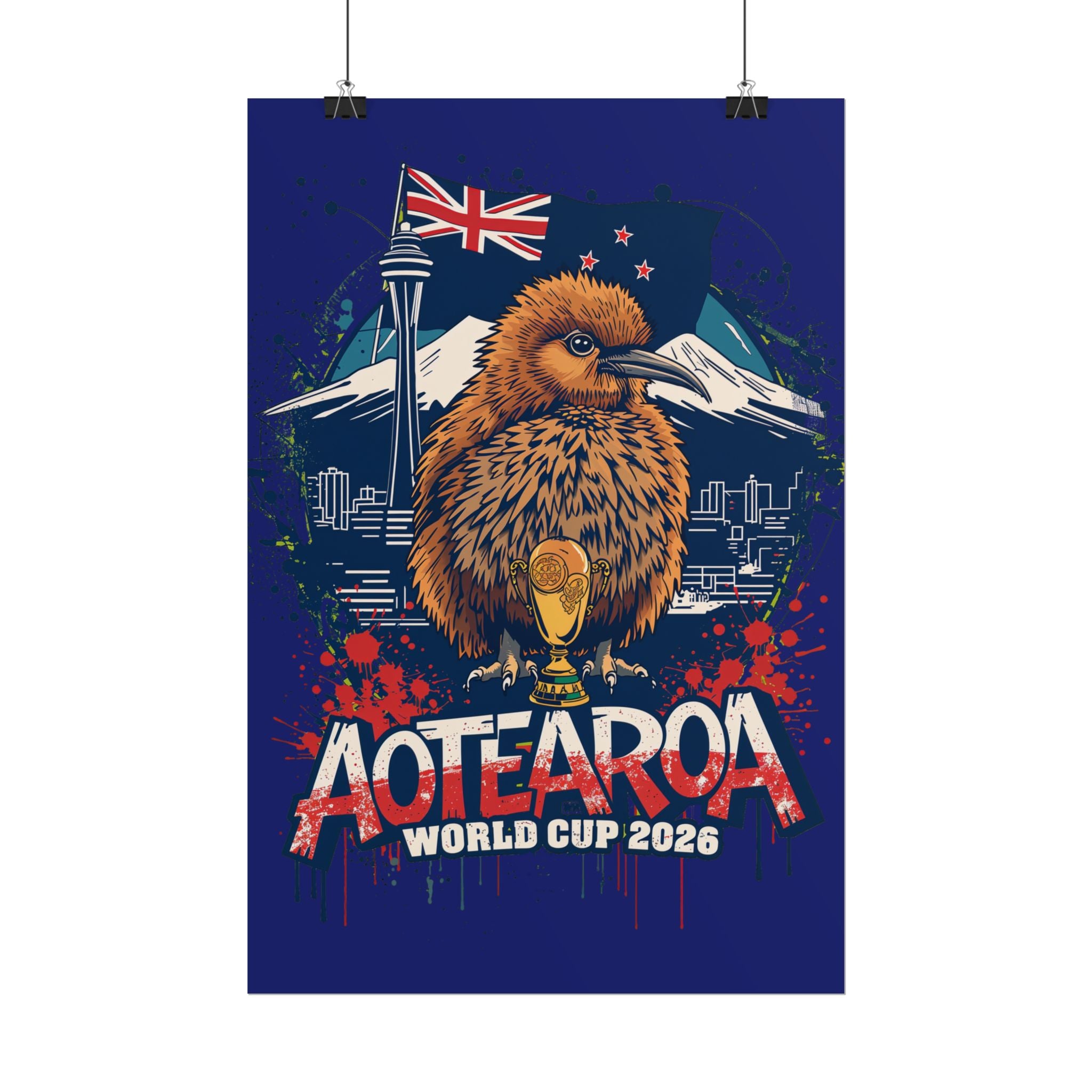 Aotearoa World Cup 2026 Poster - Kiwi & Trophy Rolled Art Print