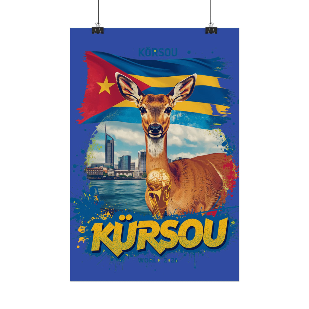 Kürsou Travel Poster – Curaçao Deer & Flag Rolled Art Print
