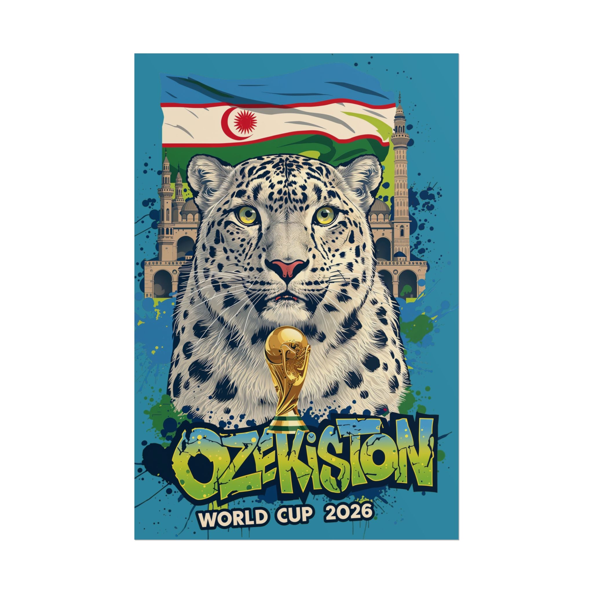 Uzbekistan World Cup 2026 Poster — Snow Leopard Football Fan Art