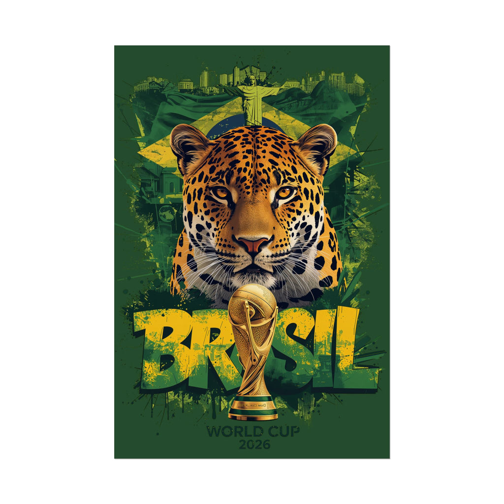 Brazil World Cup Poster — Jaguar & Trophy Soccer Wall Art
