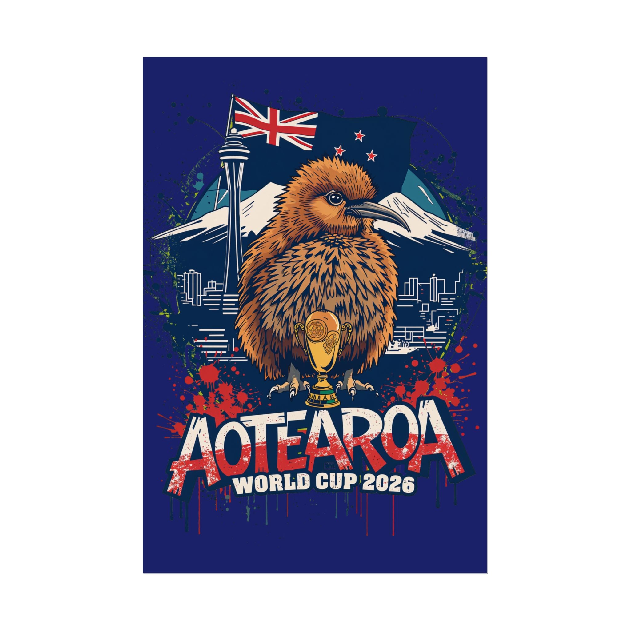 Aotearoa World Cup 2026 Poster - Kiwi & Trophy Rolled Art Print