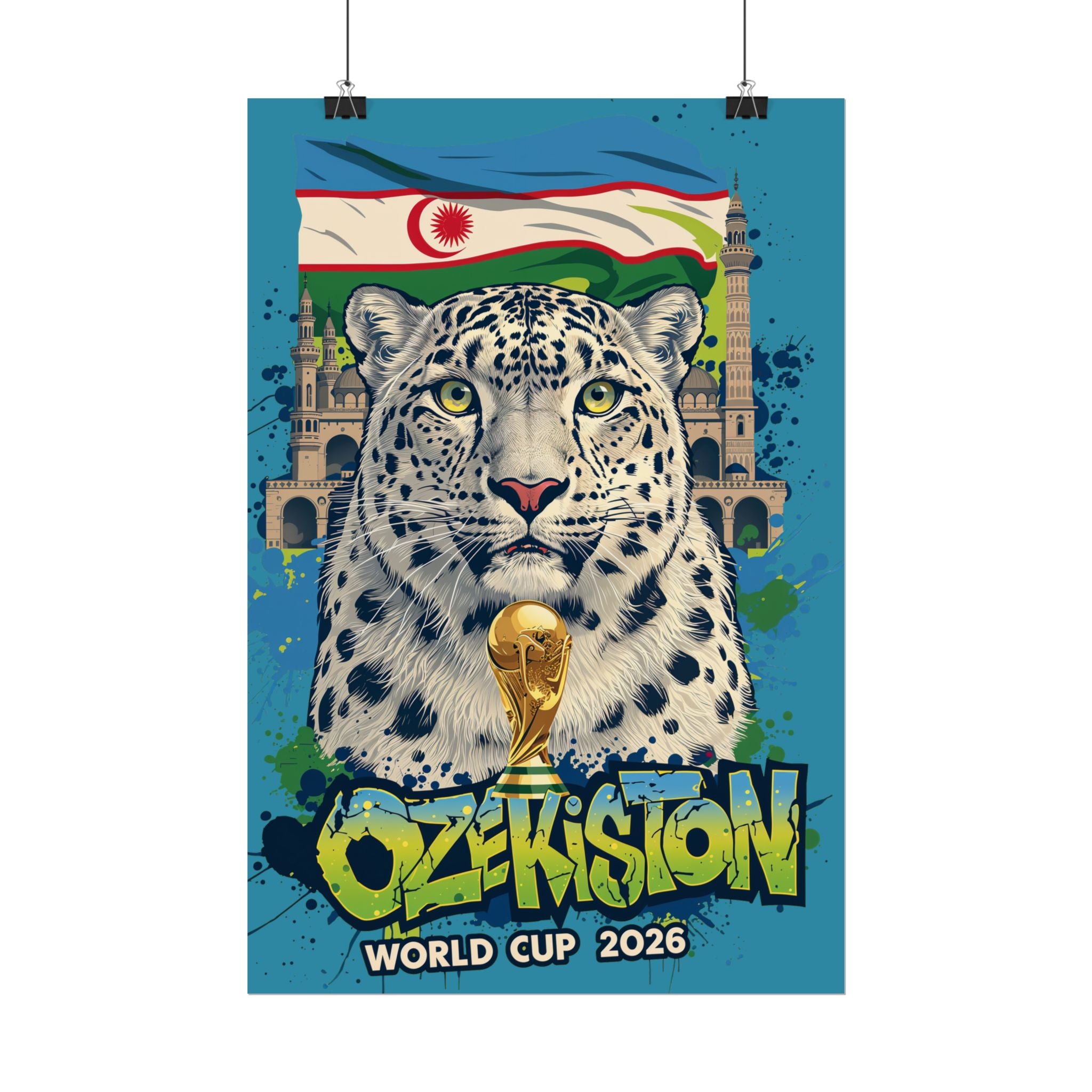 Uzbekistan World Cup 2026 Poster — Snow Leopard Football Fan Art