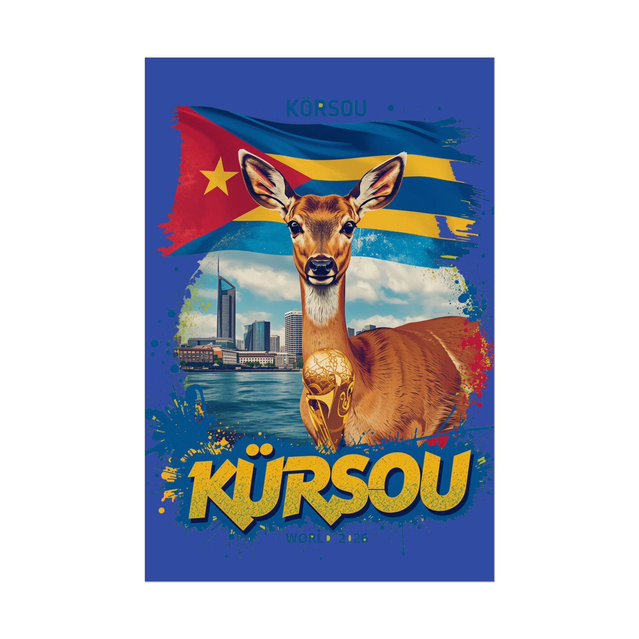 Kürsou Travel Poster – Curaçao Deer & Flag Rolled Art Print