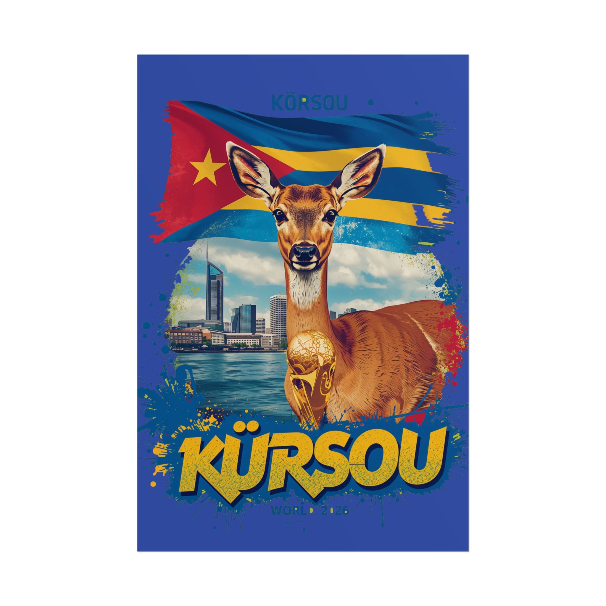 Kürsou Travel Poster – Curaçao Deer & Flag Rolled Art Print