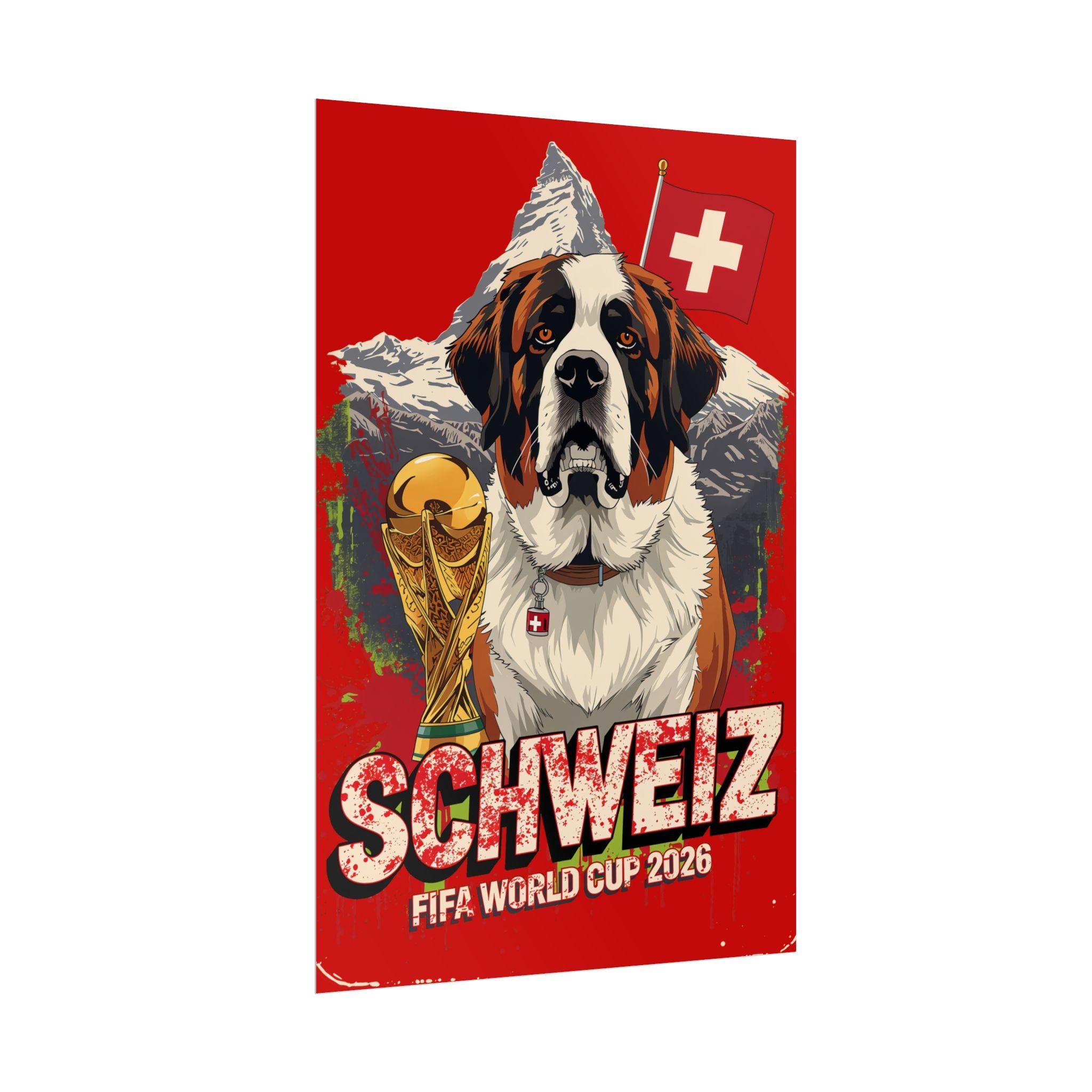 Switzerland FIFA World Cup 2026 Poster — St. Bernard Dog & Trophy Rolled Poster